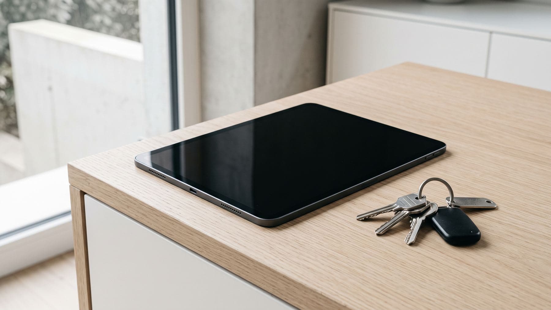 Tablette posée écran éteint sur un bureau en chêne clair, un jeu de clés à côté