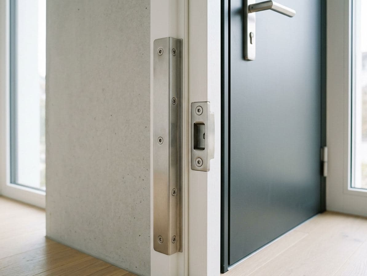 Détail d’une cornière anti-pince en inox et d’une gâche ancrée posées sur le dormant d’une porte moderne
