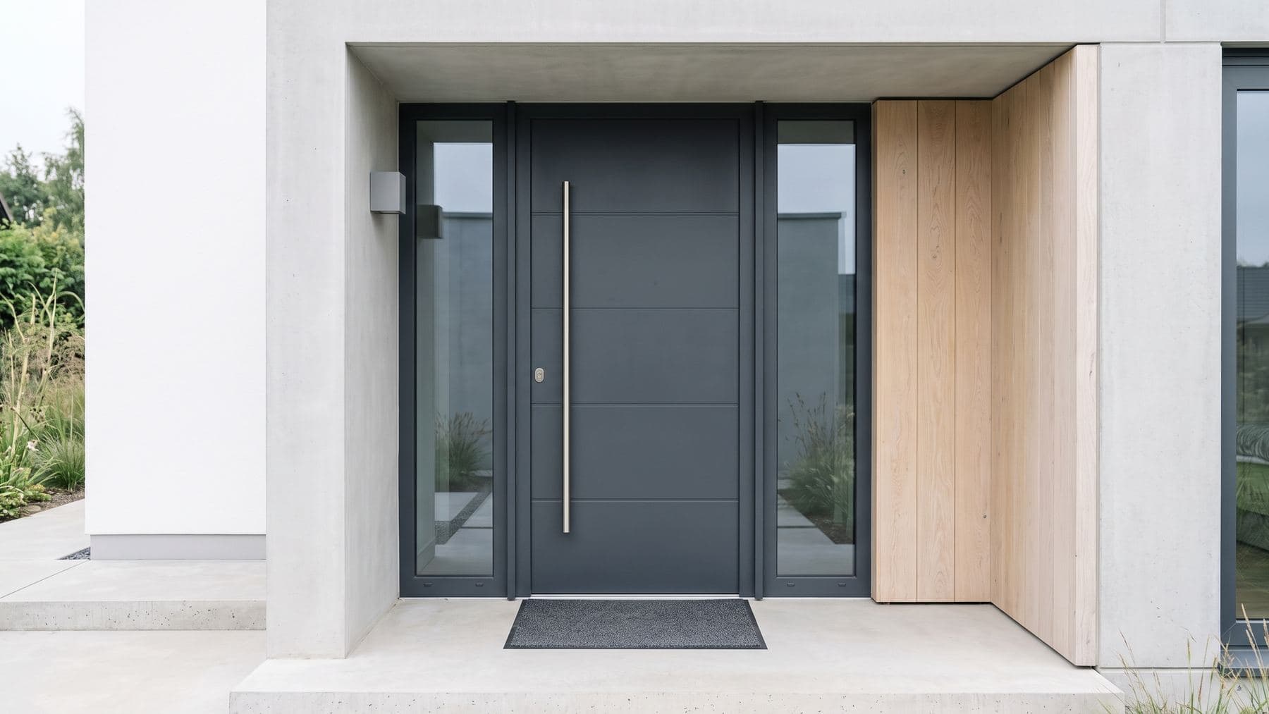 Porte d’entrée en aluminium anthracite fermée, vue depuis le perron au petit matin
