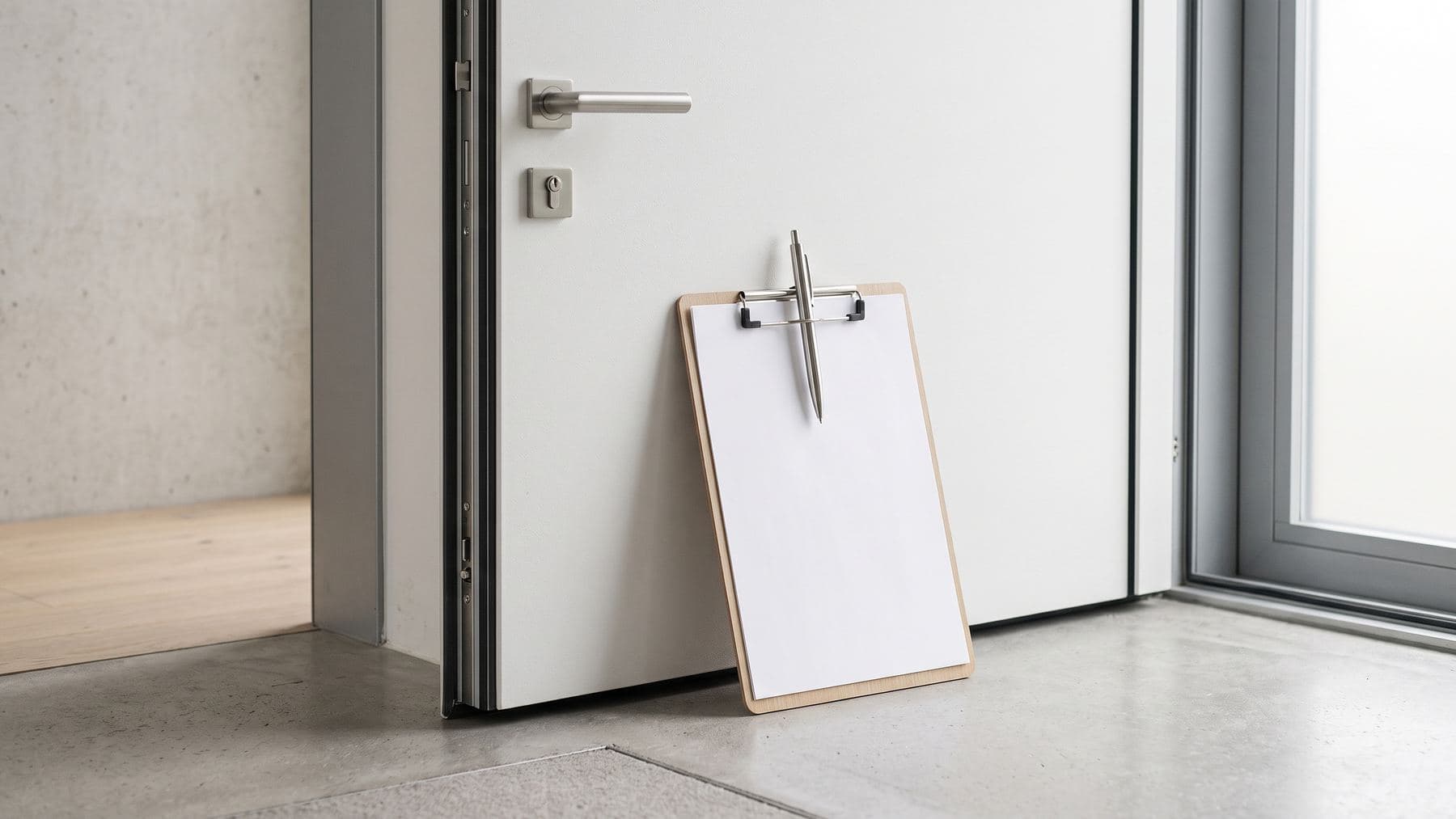 Formulaire vierge sur un porte-bloc appuyé contre une porte blanche moderne, stylo accroché
