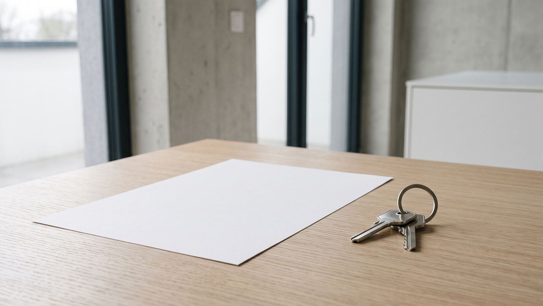 Feuille blanche vierge posée à plat sur une table en chêne clair, à côté d’un porte-clés