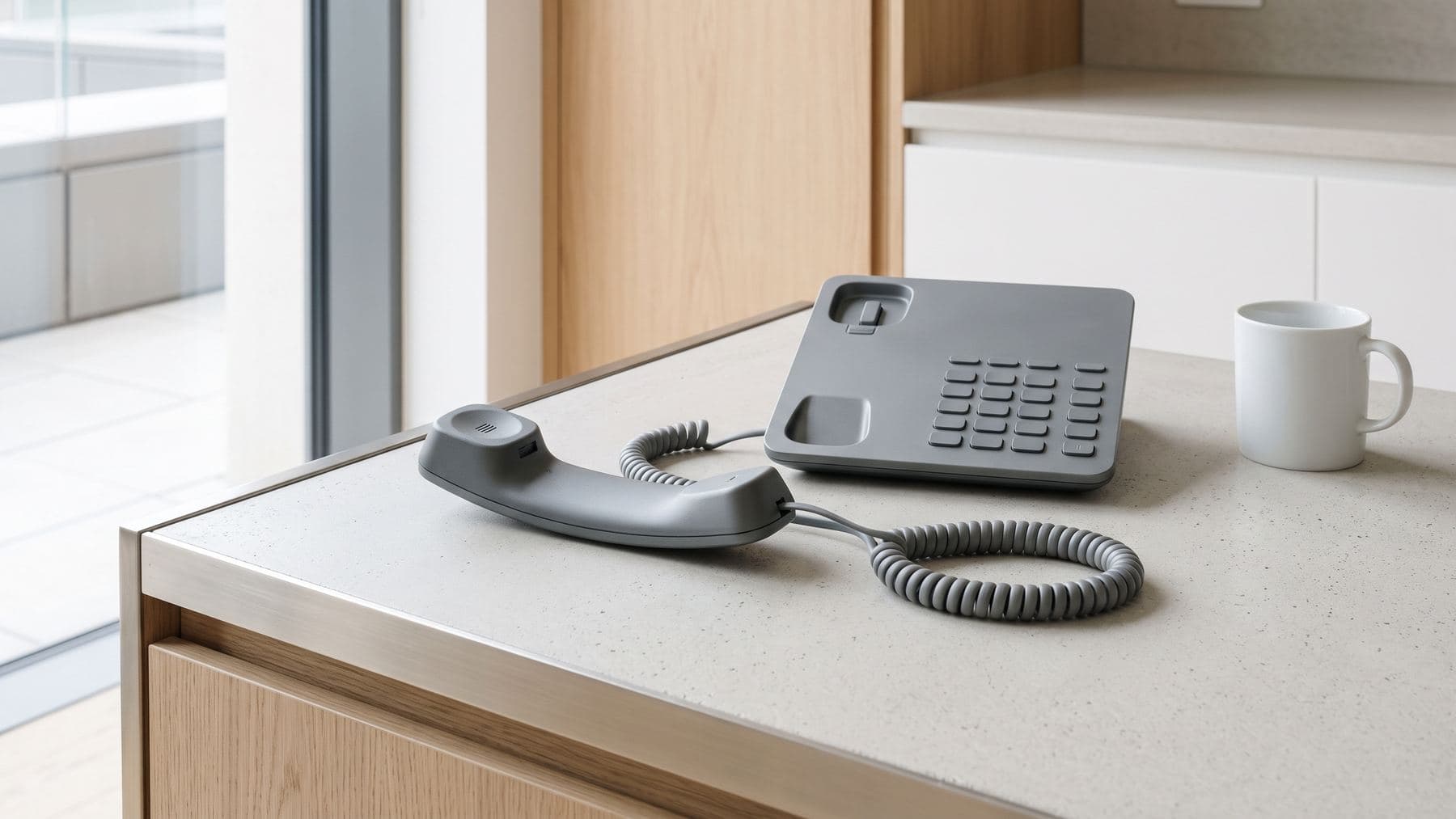 Combiné de téléphone gris mat décroché, posé sur un plan clair, clavier sans inscription
