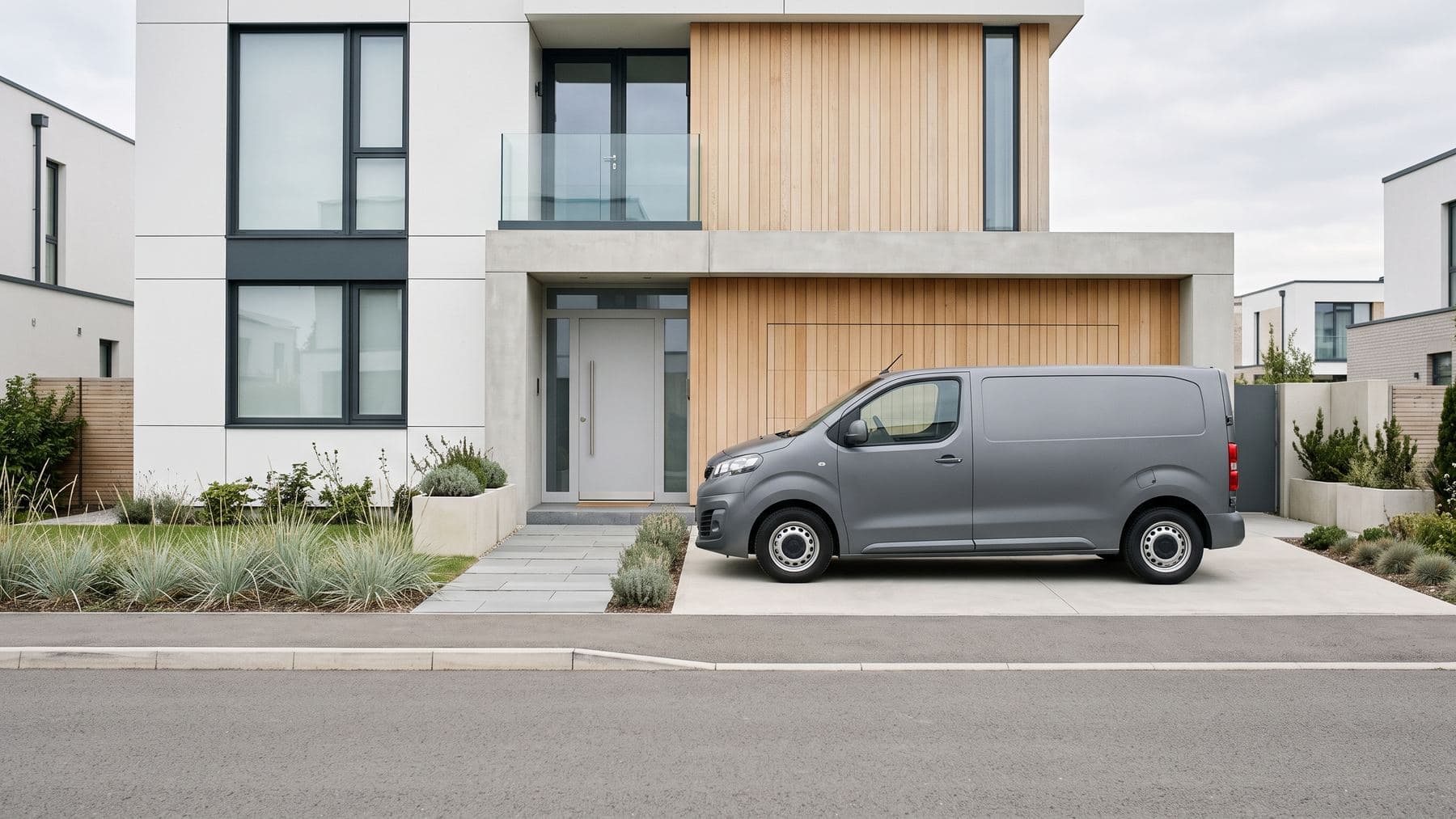 Utilitaire gris stationné devant une maison moderne, flanc sans inscription