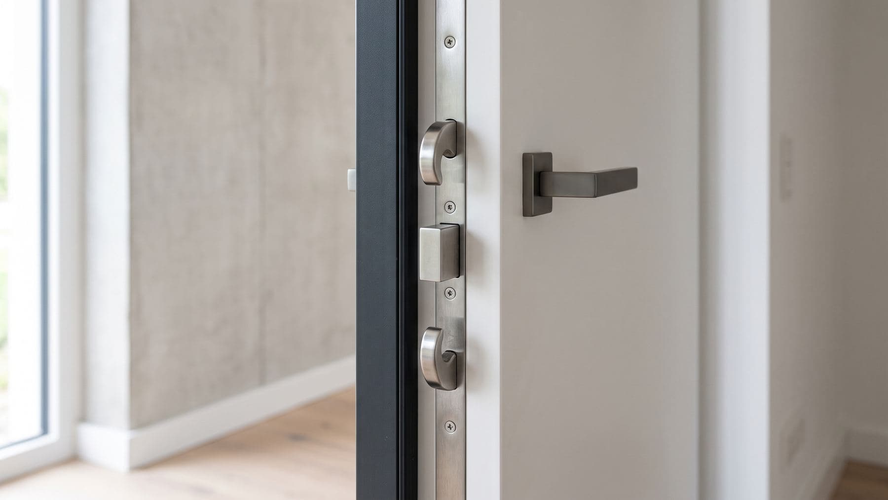 Chant d’une porte d’entrée blanche ouverte, têtière multipoints en inox avec pêne dormant central et deux crochets