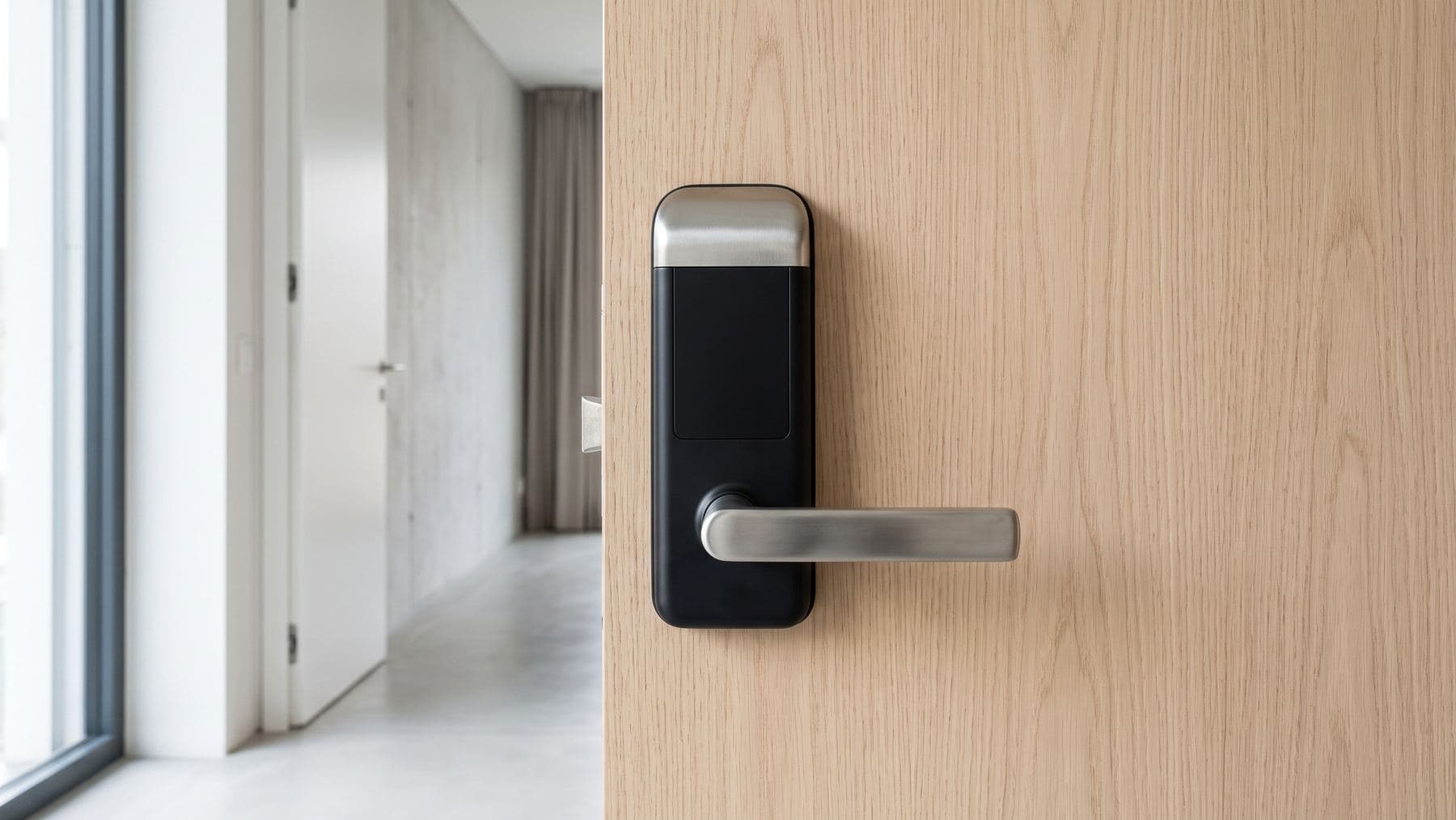 Serrure connectée en acier brossé et noir mat montée sur une porte en chêne clair, façade sans inscription