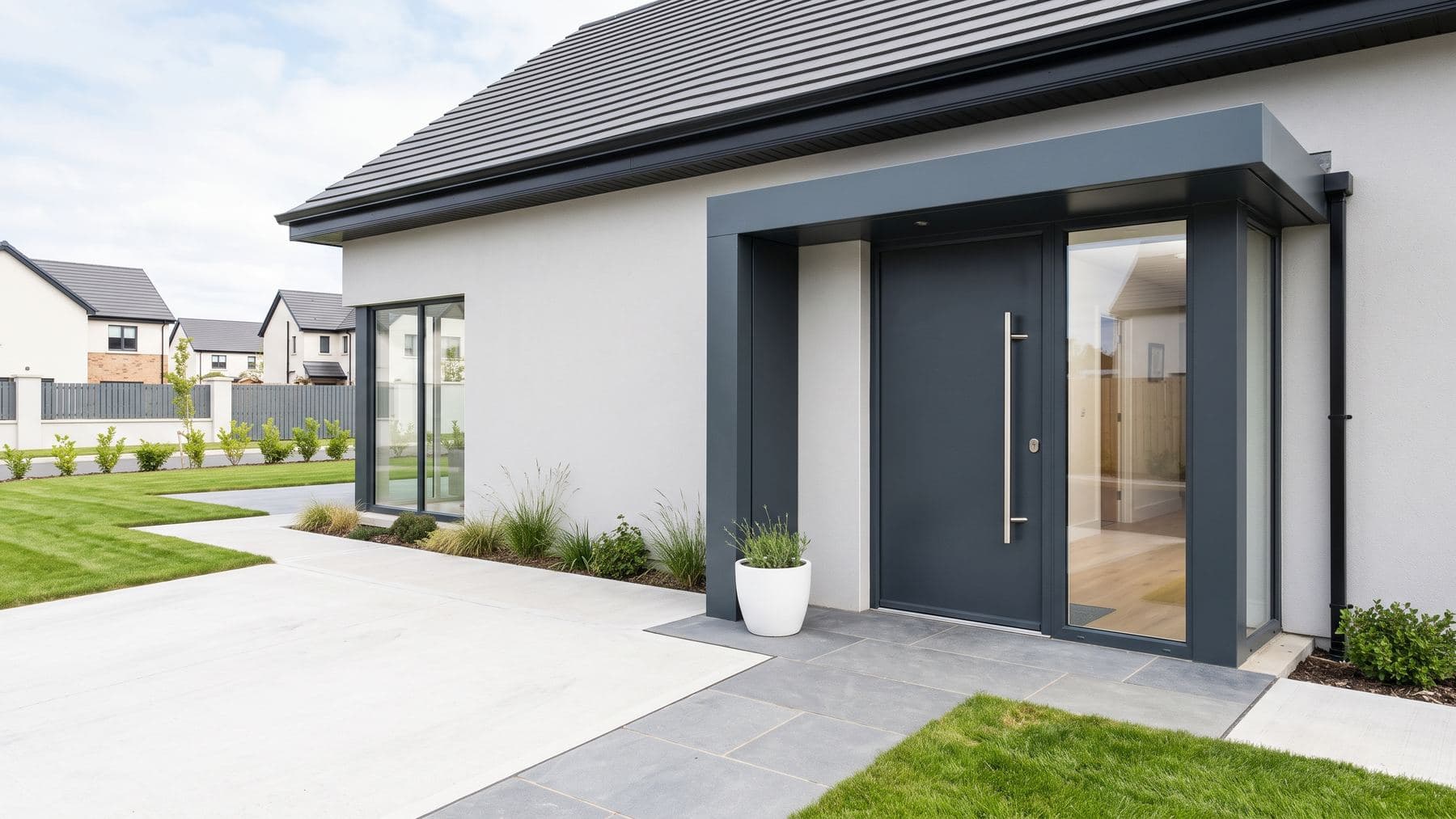 Porte d’entrée d’une maison individuelle récente vue depuis l’allée, façade claire et menuiserie aluminium anthracite