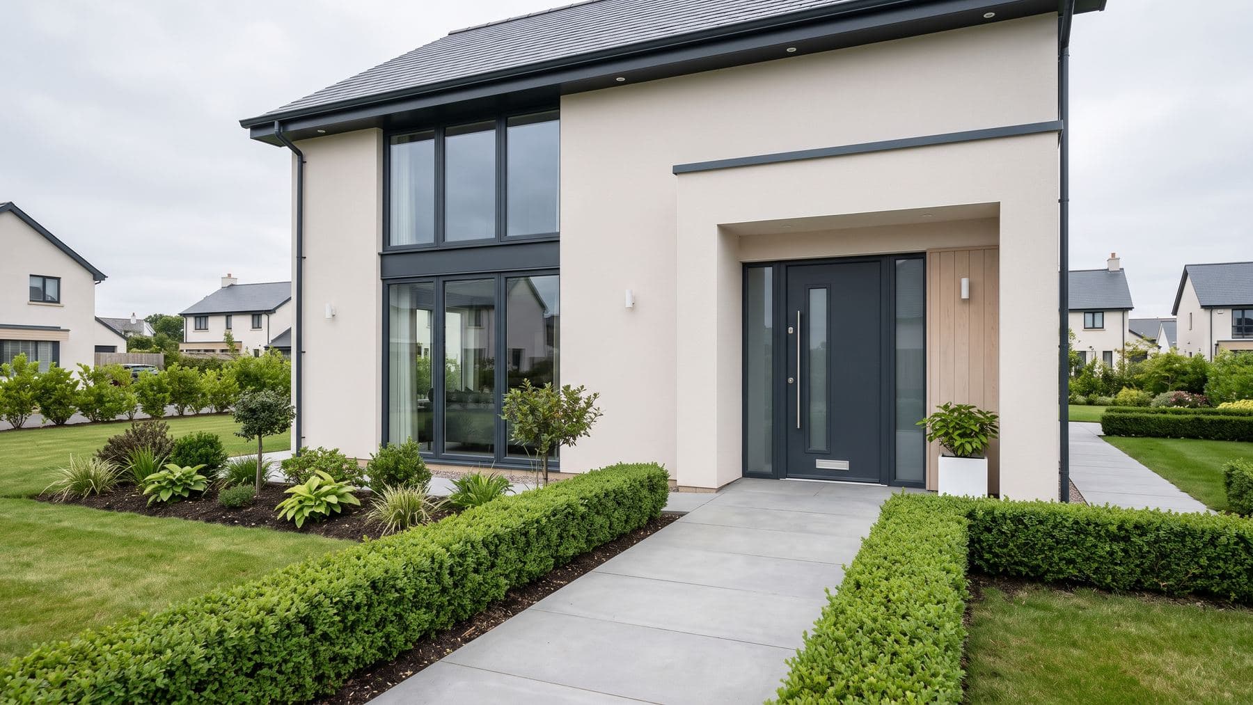 Maison individuelle récente vue depuis l’allée du jardin, façade claire et porte en aluminium anthracite