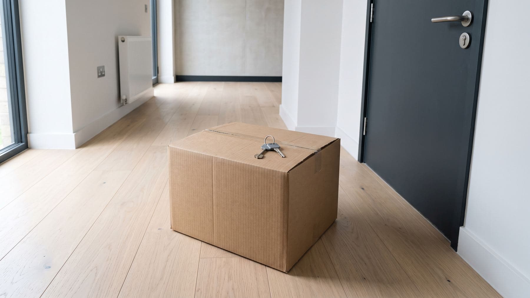 Entrée d’un appartement rénové, carton de déménagement fermé et jeu de clés neuves posé dessus