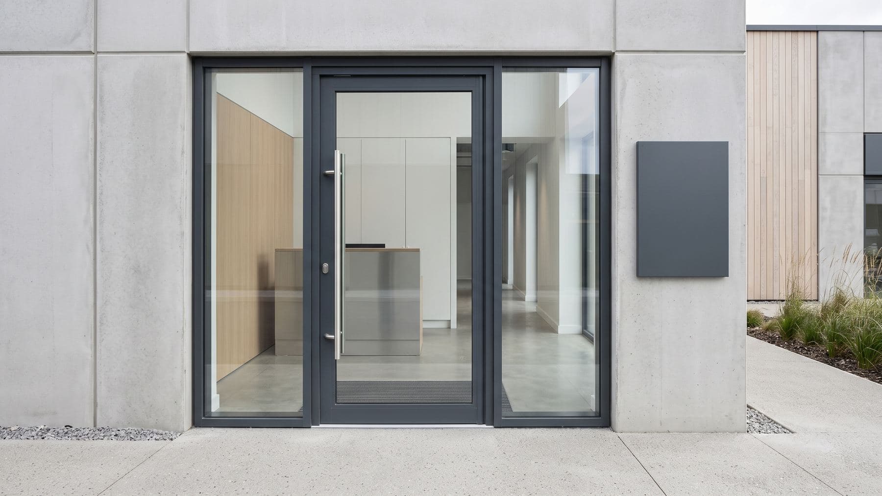 Porte vitrée en aluminium anthracite d’un local professionnel récent, panneau de façade vierge