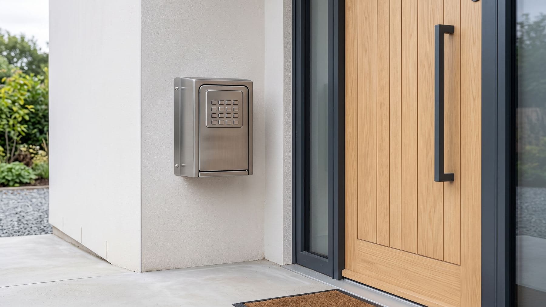 Boîte à clés murale en inox près de la porte d’entrée d’un logement récent, clavier sans inscription
