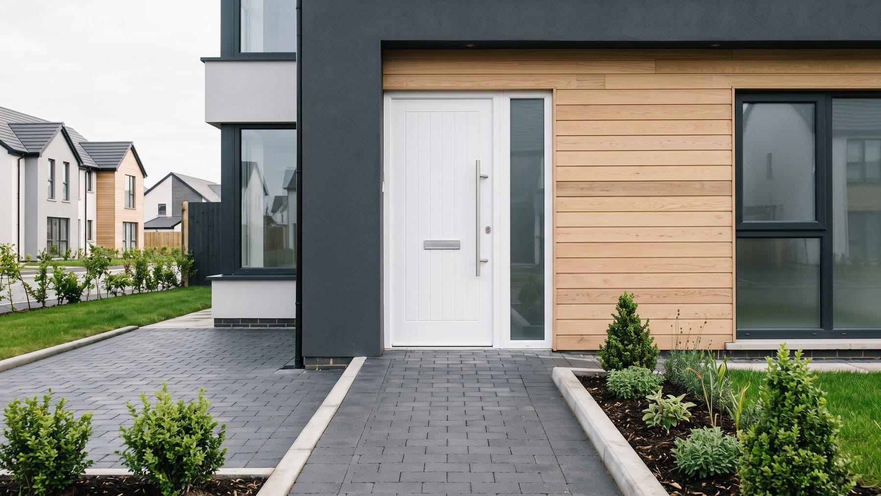 Porte d’entrée blanche d’une maison neuve de lotissement, vue depuis l’allée pavée