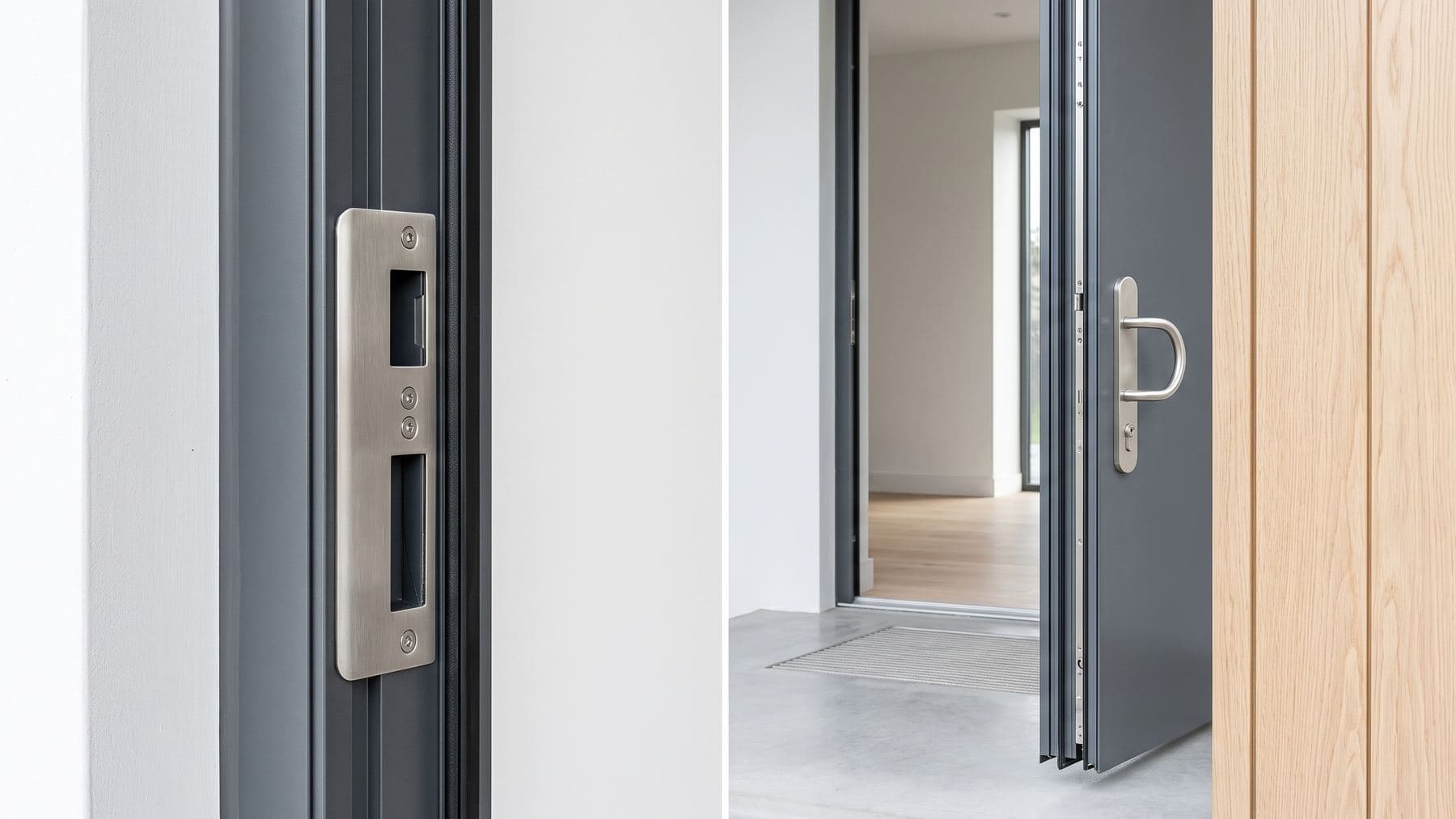 Dormant d’une porte d’entrée moderne équipé d’une gâche renforcée en inox neuve, porte entrebâillée