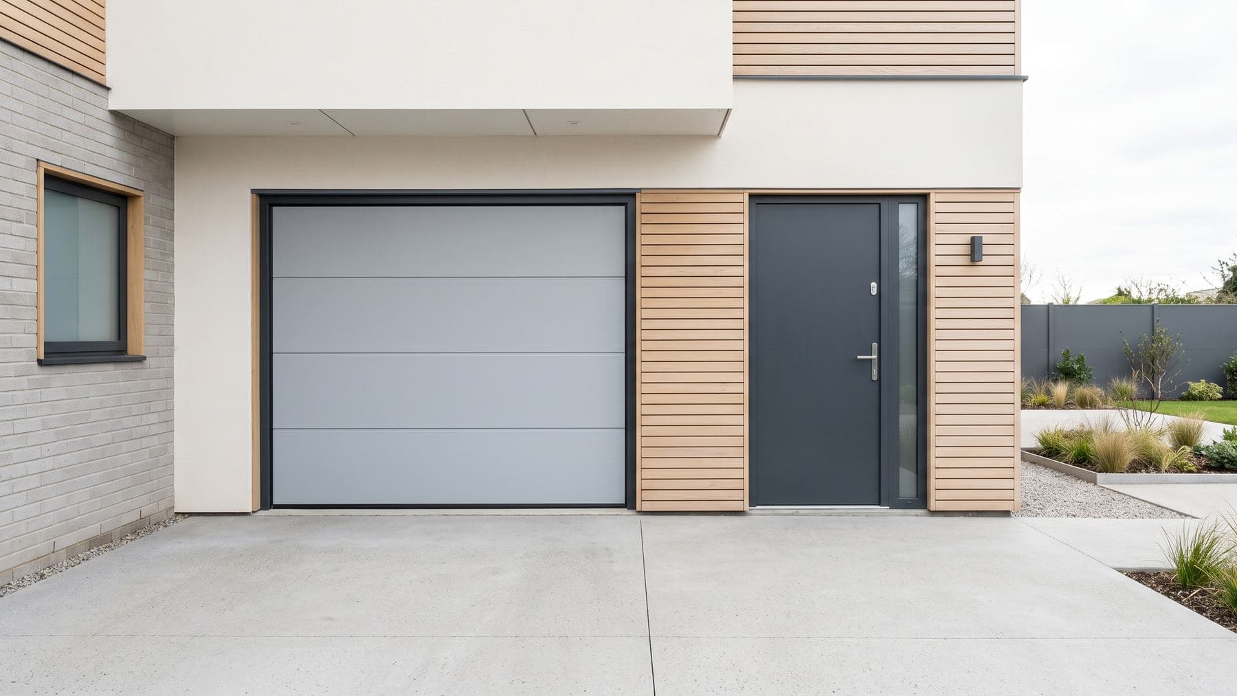 Arrière d’une maison récente, porte de garage sectionnelle gris clair et porte de service en aluminium anthracite