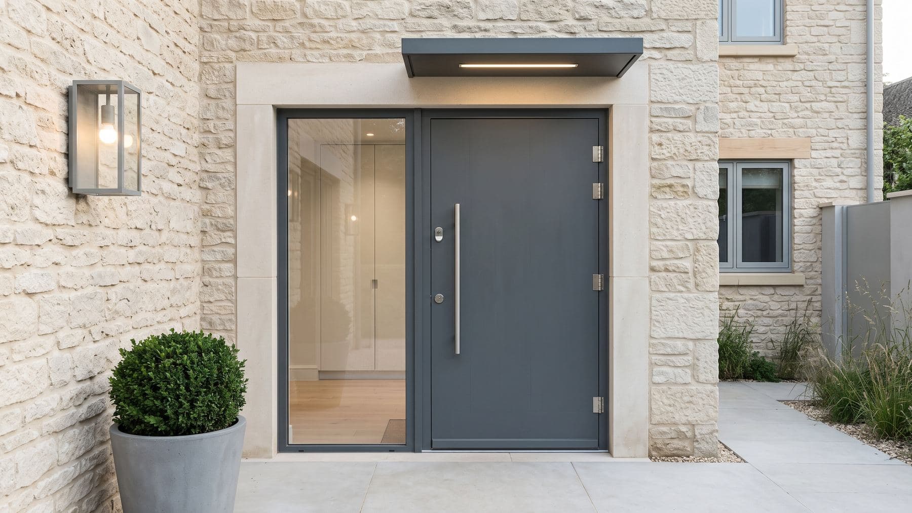 Porte d’entrée d’une maison de bourg rénovée, bois peint gris foncé et quincaillerie en acier brossé