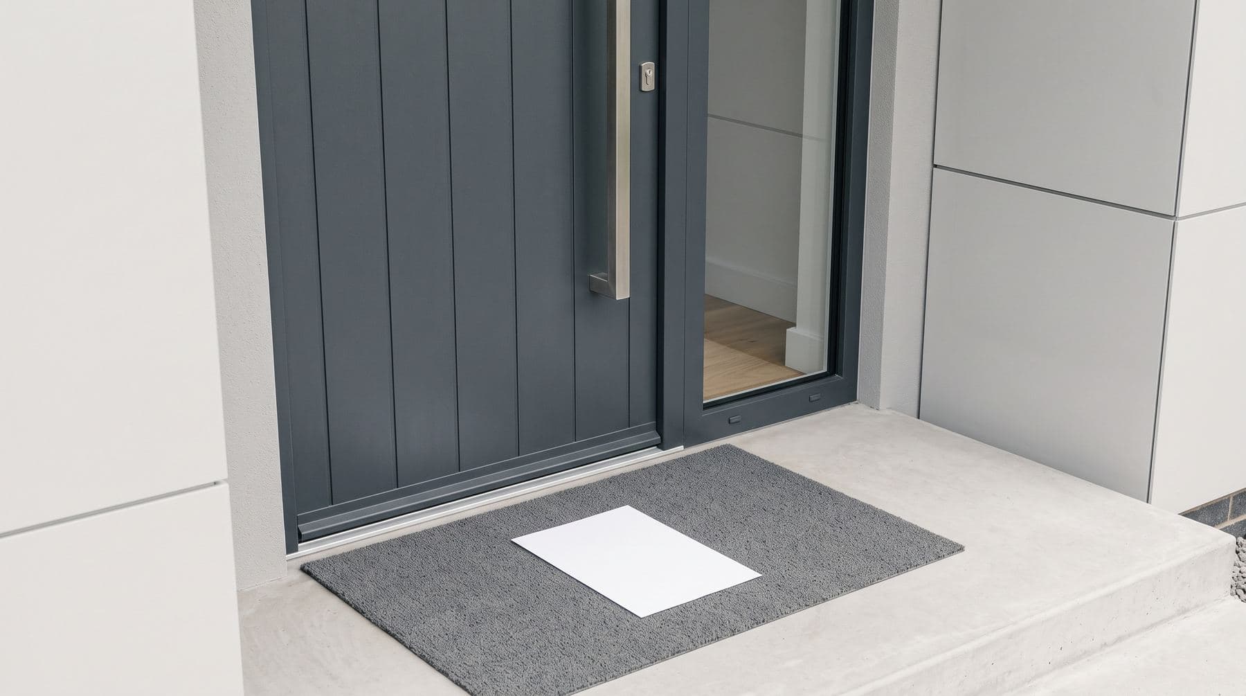Prospectus blanc vierge posé sur un paillasson gris devant une porte d’entrée en aluminium anthracite