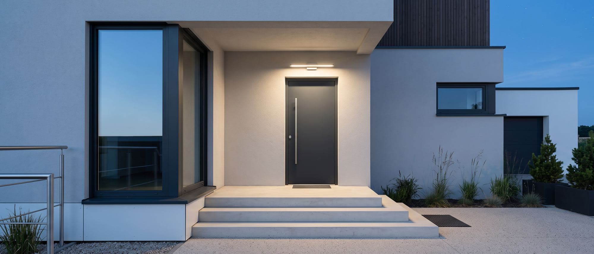 Entrée d’une maison contemporaine au crépuscule, porte fermée et applique murale allumée au-dessus des marches