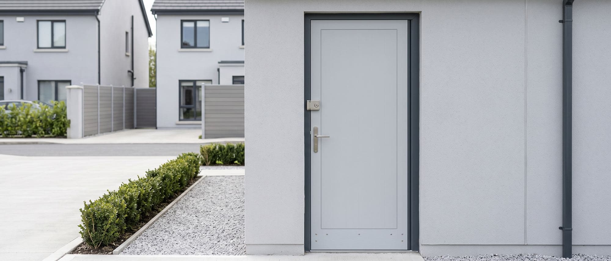 Porte de service d’un garage, bois peint gris clair, serrure en applique et poignée en acier brossé