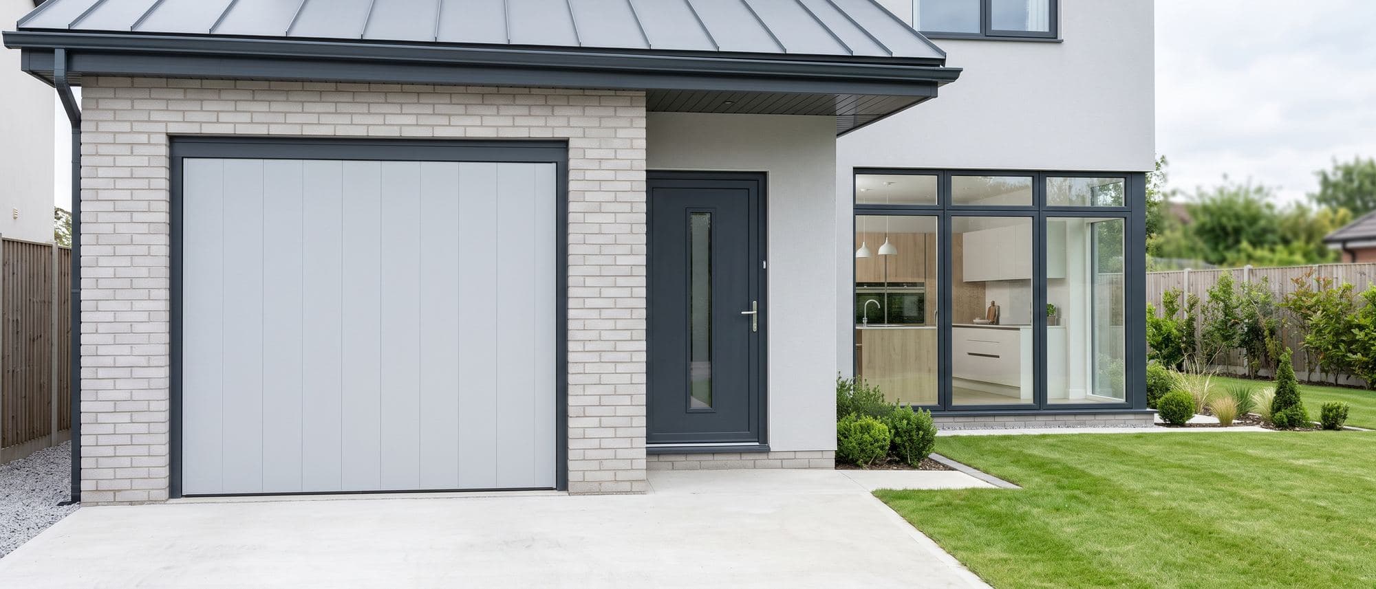 Arrière d’une maison récente, porte de garage sectionnelle gris clair et porte de service en aluminium anthracite