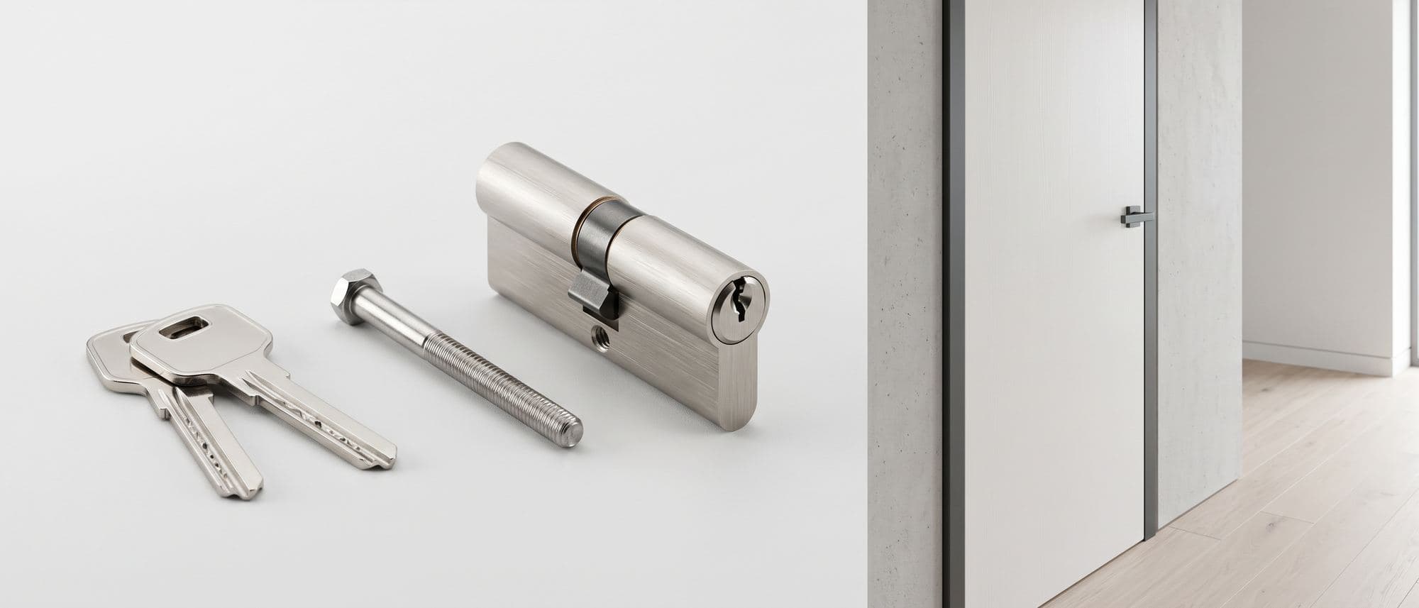 Cylindre européen neuf, sa vis de fixation et deux clés plates alignés devant une porte blanche contemporaine
